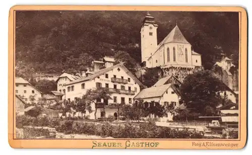 Fotografie A. Elssenwenger, Goisern, Ansicht Hallstatt, Blick auf den Seauer Gasthof mit Kirche