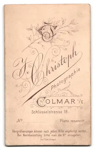 Fotografie J. Christoph, Colmar i. E., Mann im Anzug mit Backenbartt und Seitenscheitel