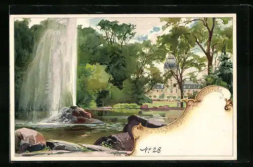 Künstler-AK Heinrich Kley: Karlsruhe, Schlossgarten mit Springbrunnen
