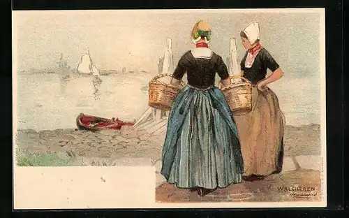 Künstler-AK Henri Cassiers: Zwei Frauen mit Körben am Bootssteg