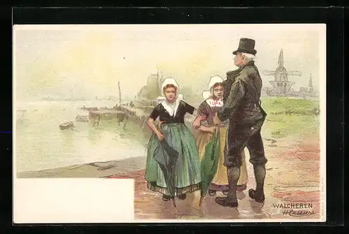 Künstler-AK Henri Cassiers: Walcheren, Zwei Niederländerinnen mit Schirmen und Herrn, Im Hintergrund Windmühlen