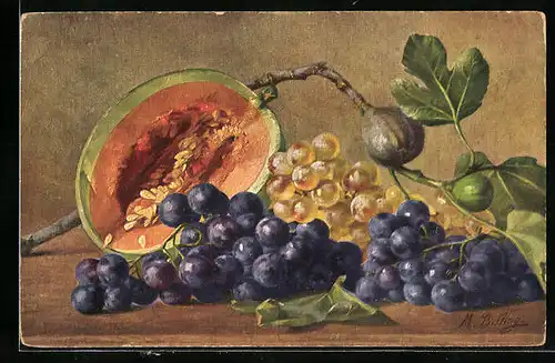Künstler-AK M. Billing: Trauben, Melone und Feigen liegen auf einem Tisch, Stillleben