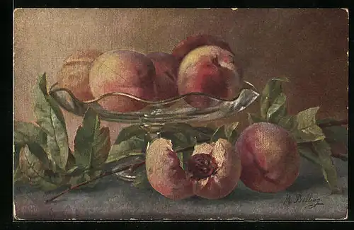 Künstler-AK M. Billing: Reife Pfirsiche in einer Glasschale