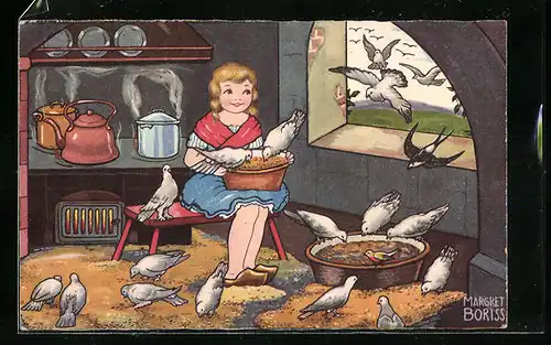 Künstler-AK Margret Boriss: Aschenputtel mit den Tauben