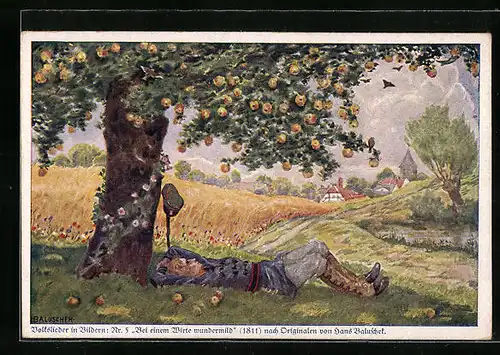 Künstler-AK Hans Baluschek: Soldat liegt unter einem Apfelbaum