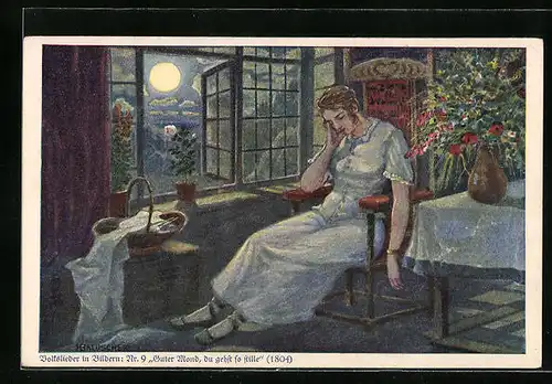 Künstler-AK Hans Baluschek: Frau ruht am geöffneten Fenster bei Mondschein in einem Stuhl