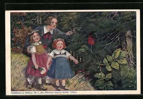Künstler-AK Hans Baluschek: Kinder betrachten im Wald eine Blume