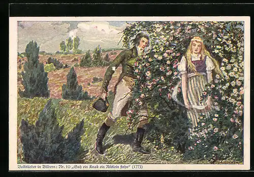 Künstler-AK Hans Baluschek: Junger Mann und junge Frau an einem Rosenstrauch