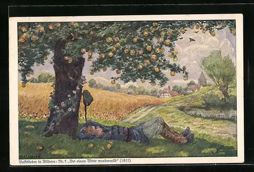 Künstler-AK Hans Baluschek: Junger Mann liegt unter einem Apfelbaum