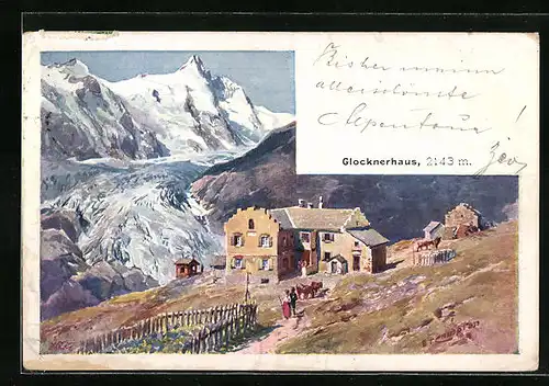 Künstler-AK Edward Theodore Compton: Glocknerhaus mit Wanderern