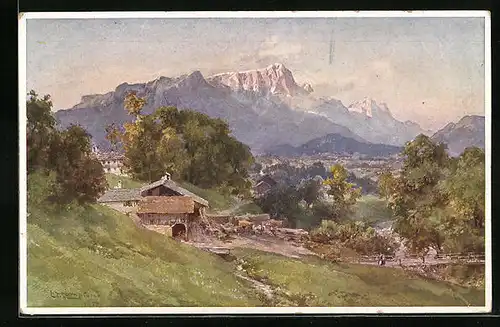 Künstler-AK Edward Theodore Compton: Bergpanorama mit Bergbauernhof