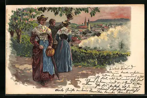 Künstler-AK Fritz Bergen: Miesbach, Damen in bayerischer Tracht beim Spaziergang