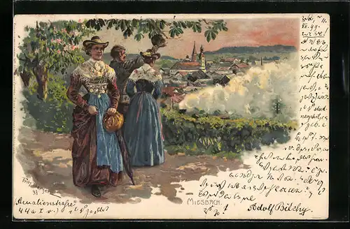 Künstler-AK Fritz Bergen: Miesbach, Damen in bayerischer Tracht und Ortsansicht