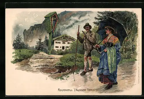 Künstler-AK Fritz Bergen: Reichenhall, Mann und Frau in Nonner Tracht mit Wegkreuz