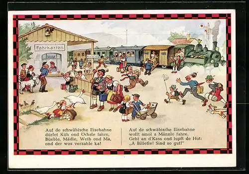 Künstler-AK Hans Boettcher: Die Schwäbische Eisebahne mit Passagieren