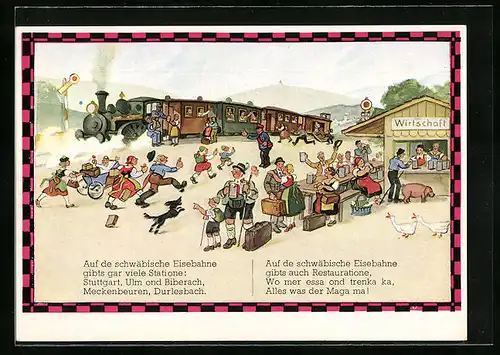 Künstler-AK Hans Boettcher: Die schwäbische Eisebahne mit Passagieren und Gästen in der Bahnhofswirtschaft