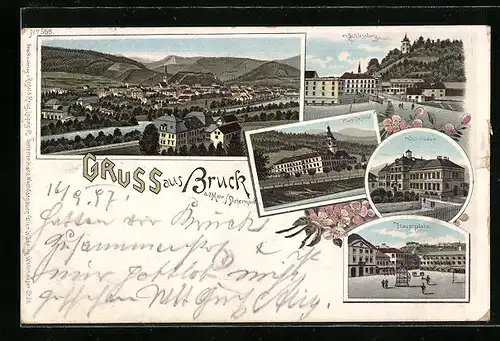 Lithographie Bruck, Hauptplatz, Schulhaus und Pius-Institut