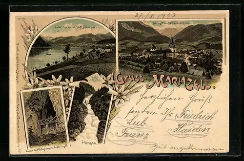 Lithographie Mariazell, Ortsansichten mit dem Lassingfall