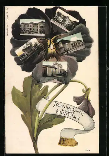 Blumengruss-AK Villefranche-sur-Saone, Gebäudeansichten auf Stiefmütterchen