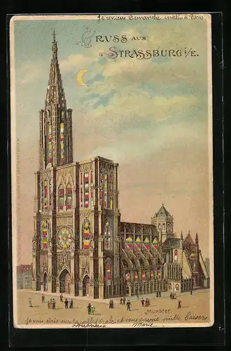 Lithographie Strassburg i. E., Münster, Halt gegen das Licht: bunte Fenster