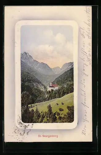 AK St. Georgenberg, Ortsansicht mit Waldlandschaft aus der Ferne