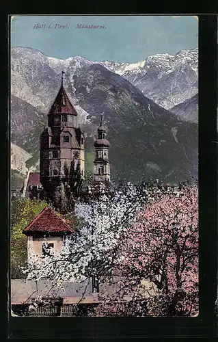 AK Hall i. T., Münzturm während der Kirschblüte
