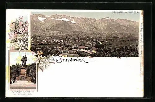Lithographie Innsbruck, Andrä-Hofer-Denkmal, Gesamtansicht vom Berg Isel aus