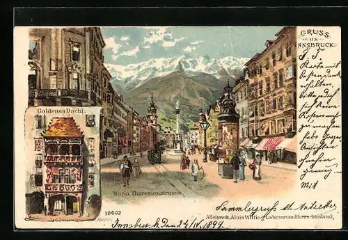 Lithographie Innsbruck, Litfasssäule in der Maria-Theresien-Strasse, Goldenes Dachl