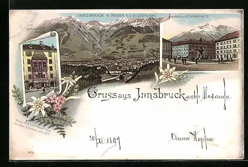 Lithographie Innsbruck, Goldenes Dachl, Margarethenplatz, Totalansicht gegen Norden