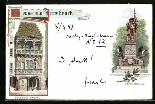 Lithographie Innsbruck, Goldenes Dachel und Hofer-Denkmal