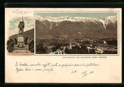 Lithographie Innsbruck, Totalansicht nach Norden, Andreas-Hofer-Denkmal