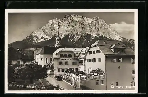 AK Lermoos i. T., Hotel Post mit Blick zur Zugspitze