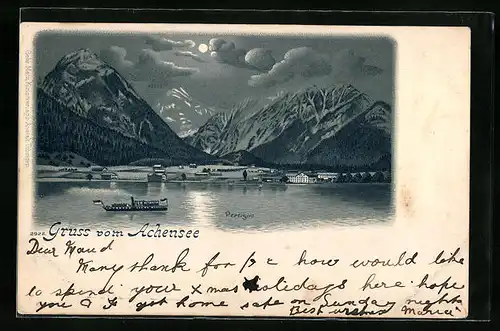 Mondschein-Lithographie Pertisau, Salondampfer auf dem Achensee