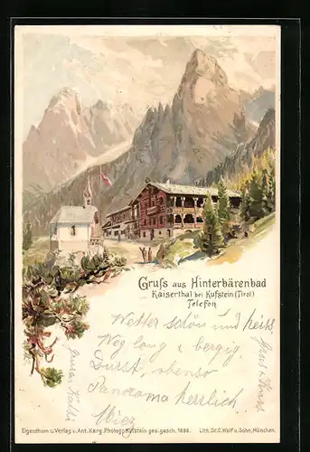 Lithographie Kufstein, Gasthaus Hinterbärenbad i. Kaiserthal