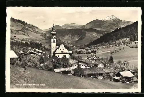 AK Oberau, Blick auf den Ort mit Kirche gegen die Hohe Salve
