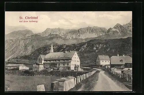 AK St. Christof auf dem Arlberg, Strassenpartie mit Kirche