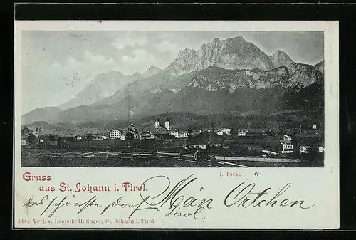 Mondschein-AK St. Johann, Totalansicht mit Bergen