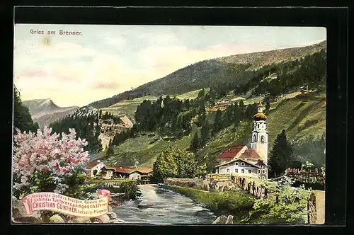 AK Gries am Brenner, Flusspartie mit Blick auf die Kirche