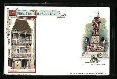 Lithographie Innsbruck, Hofer Denkmal, Goldenes Dachel