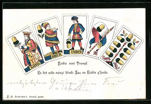 AK Eichle sind trumpf..., Spielkarten König, Fahne und Eichenzweig