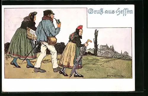 Künstler-AK Otto Ubbelohde: Gruss aus Hessen, Mann und zwei Frauen in hessischer Tracht