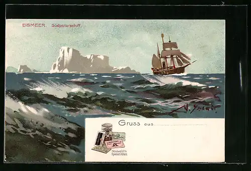 Künstler-AK Willy Stoewer: Südpolarschiff auf dem Eismeer, Reklame für Hauswaldt`s Kakao