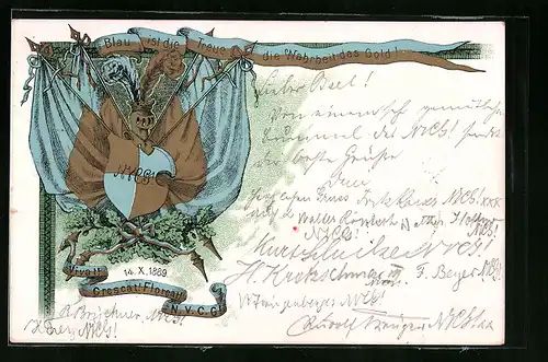 AK Blau ist die Treue die Wahrheit das Gold!, Ritterhelm und Studentenwappen