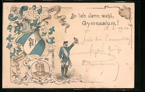 AK Student mit Bierkrug, Ritterhelm und Studentenwappen, Ostergruss 1900