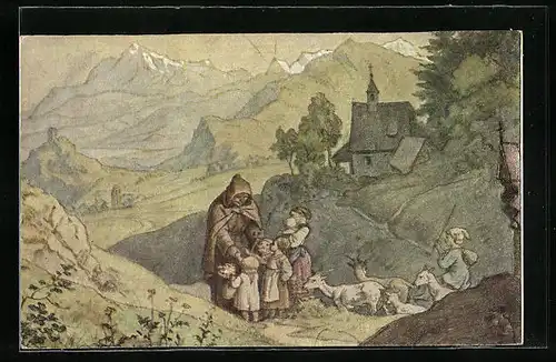 Künstler-AK Ludwig Richter: Der Einsiedler von Kindern umgeben