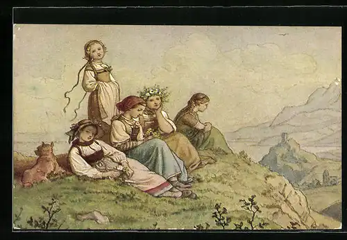 Künstler-AK Ludwig Richter: Mädchen auf Bergeshöhe