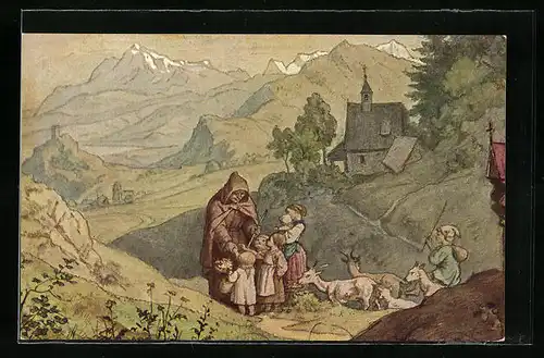Künstler-AK Ludwig Richter: Der Einsiedler unter Kindern