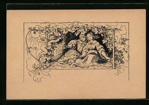 Künstler-AK Ludwig Richter: Studentenlieder, Hier sitz ich auf Rasen