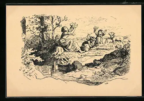 Künstler-AK Ludwig Richter: Mutter mit Kindern am Bach
