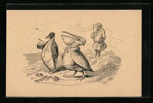 Künstler-AK Ludwig Richter: Die Fettgans und der Pelikan